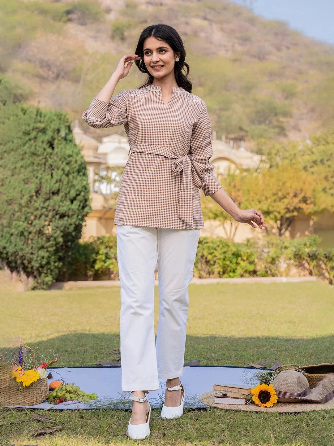 Yufta Brown Cotton Checks Embroidery Top | Grocsy