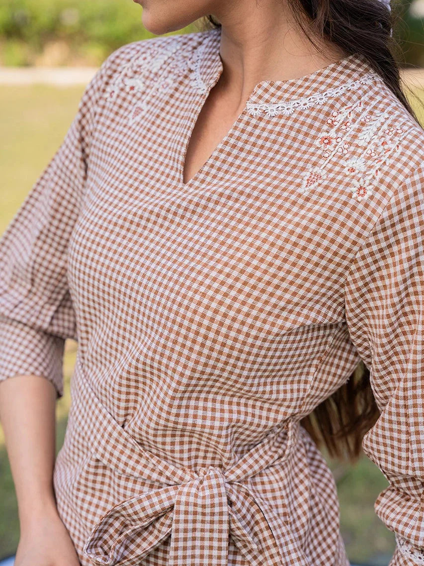 Yufta Brown Cotton Checks Embroidery Top | Grocsy