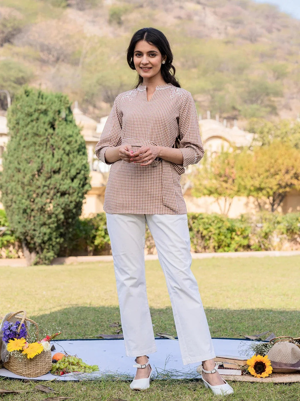 Yufta Brown Cotton Checks Embroidery Top | Grocsy