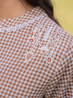 Yufta Brown Cotton Checks Embroidery Top | Grocsy