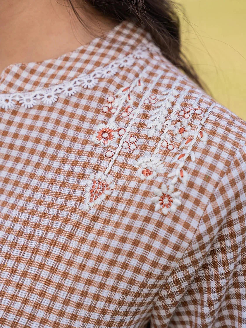 Yufta Brown Cotton Checks Embroidery Top | Grocsy