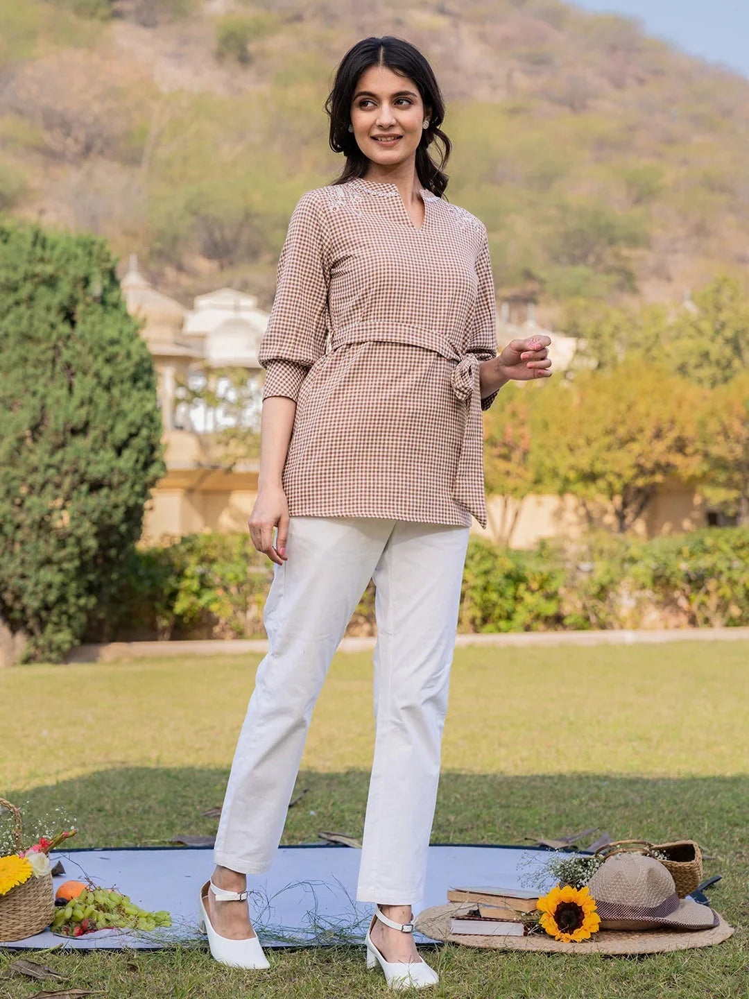 Yufta Brown Cotton Checks Embroidery Top | Grocsy
