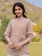 Yufta Brown Cotton Checks Embroidery Top | Grocsy