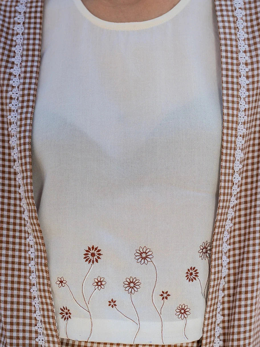 Yufta Brown Cotton Checks Print Co Ord Set With Embroidery | Grocsy