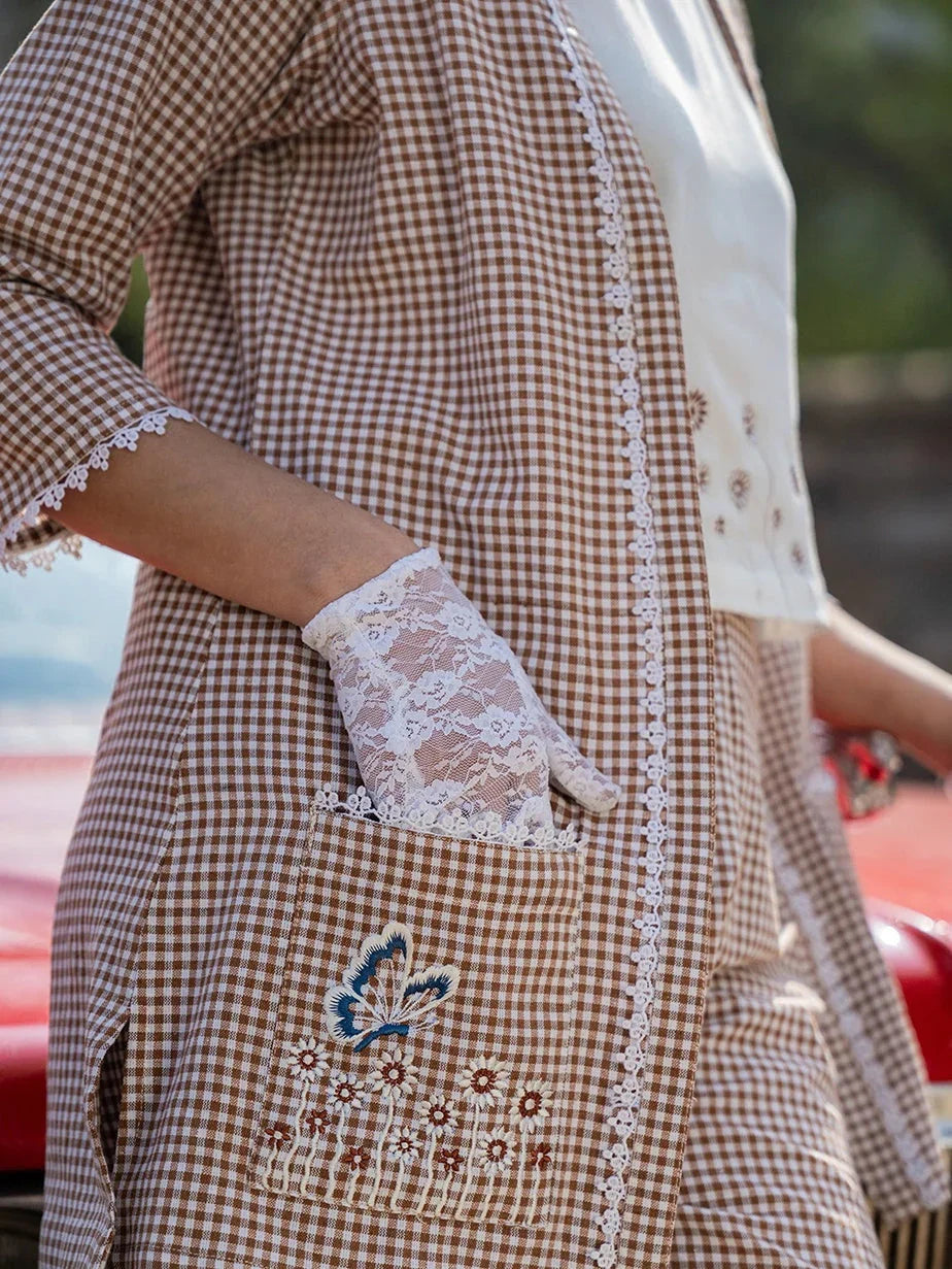 Yufta Brown Cotton Checks Print Co Ord Set With Embroidery | Grocsy