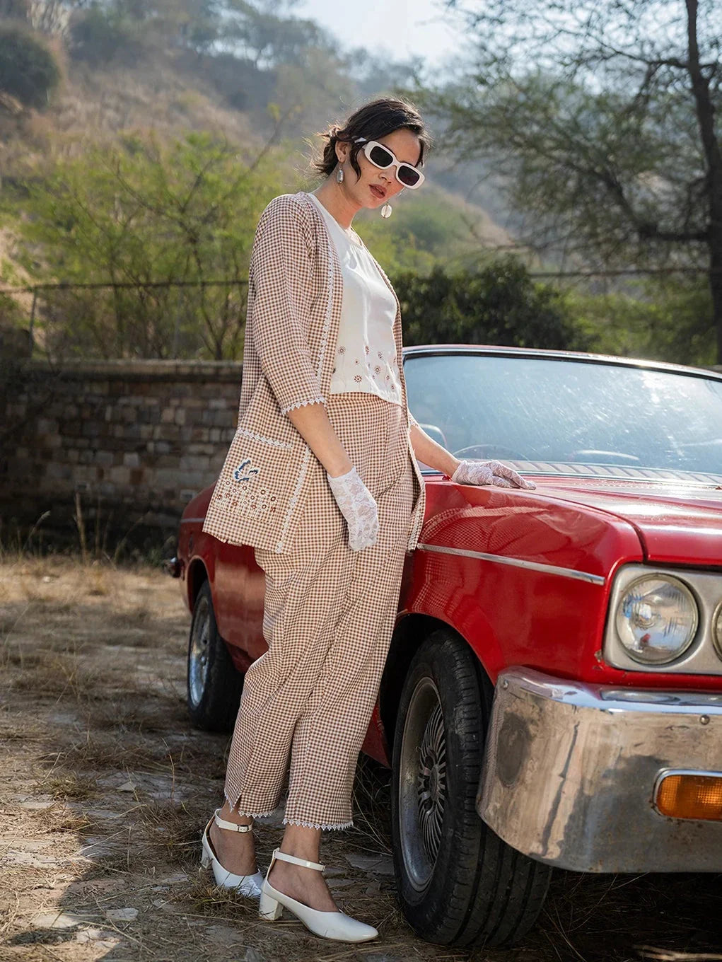Yufta Brown Cotton Checks Print Co Ord Set With Embroidery | Grocsy