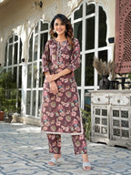 Yufta Brown Floral Print,Patch_Work Straight Kurta Trouser Set | Grocsy