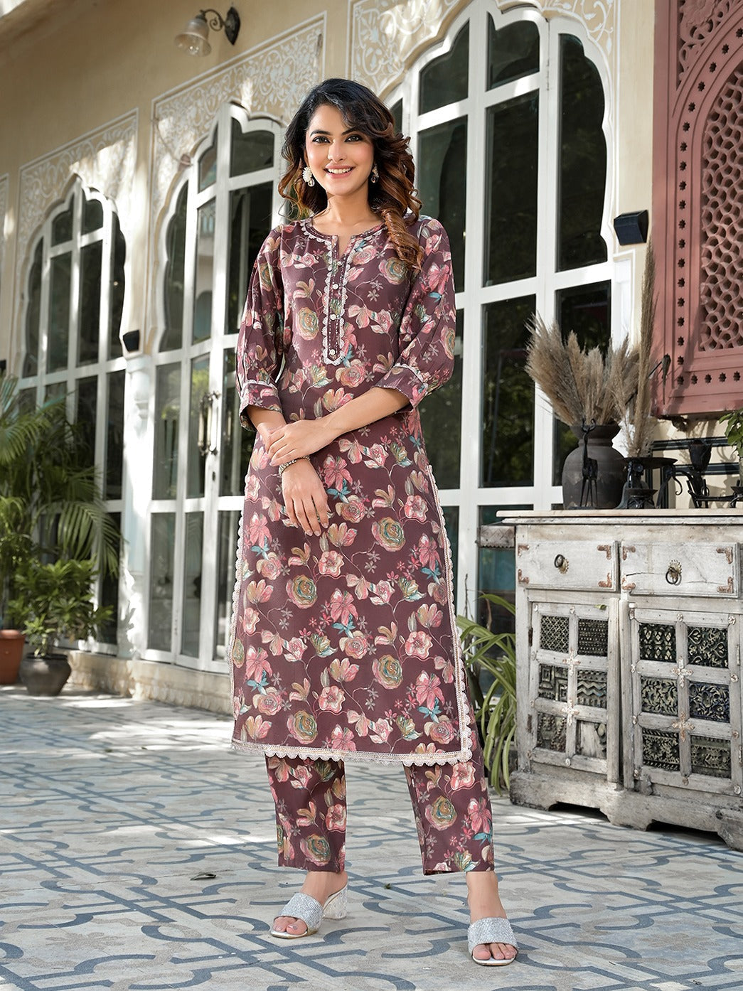 Yufta Brown Floral Print,Patch_Work Straight Kurta Trouser Set | Grocsy