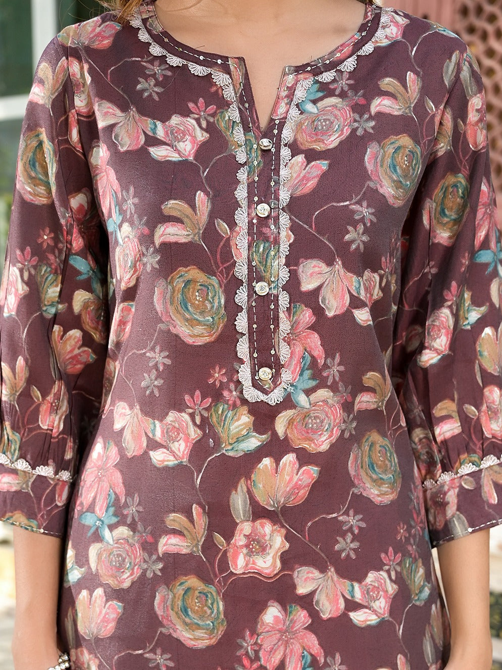 Yufta Brown Floral Print,Patch_Work Straight Kurta Trouser Set | Grocsy
