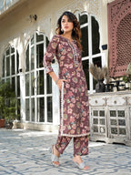 Yufta Brown Floral Print,Patch_Work Straight Kurta Trouser Set | Grocsy