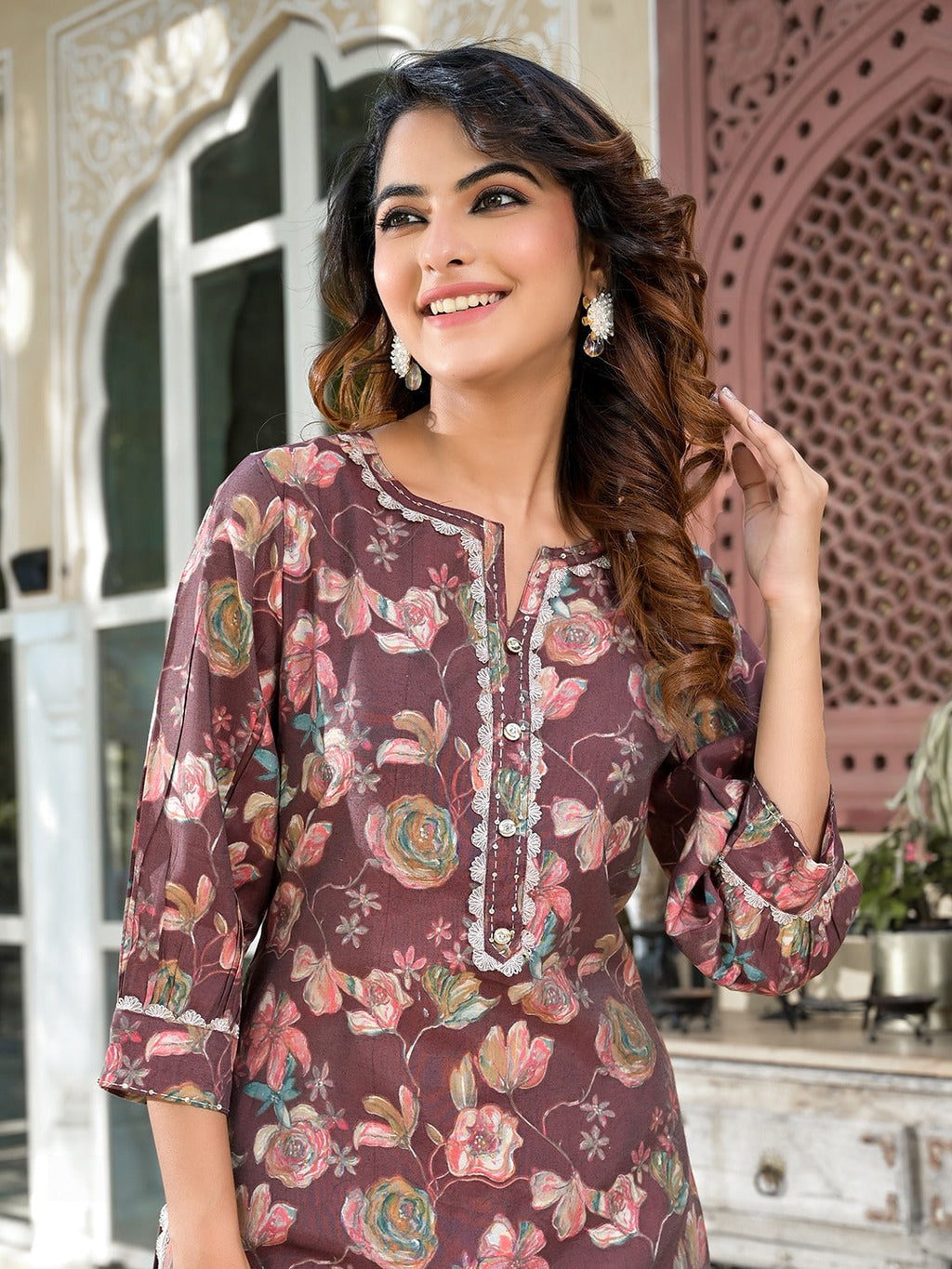 Yufta Brown Floral Print,Patch_Work Straight Kurta Trouser Set | Grocsy
