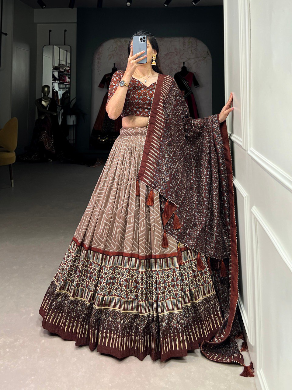 Lorenvalley Brown Tussar Silk Bandhej And Ajarakh Print Lehenga Choli with Dupatta | Grocsy