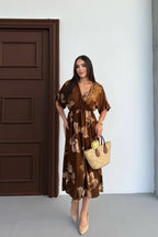 Pimu Front Slit Midi Dresses V-neck Designs For Women Party Wear - Brown | Grocsy