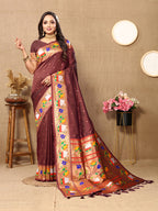 Lorenvalley Fashion Brown Soft Paithani Silk Woven Design Rich Zari Meenakari Weaving Saree | Grocsy
