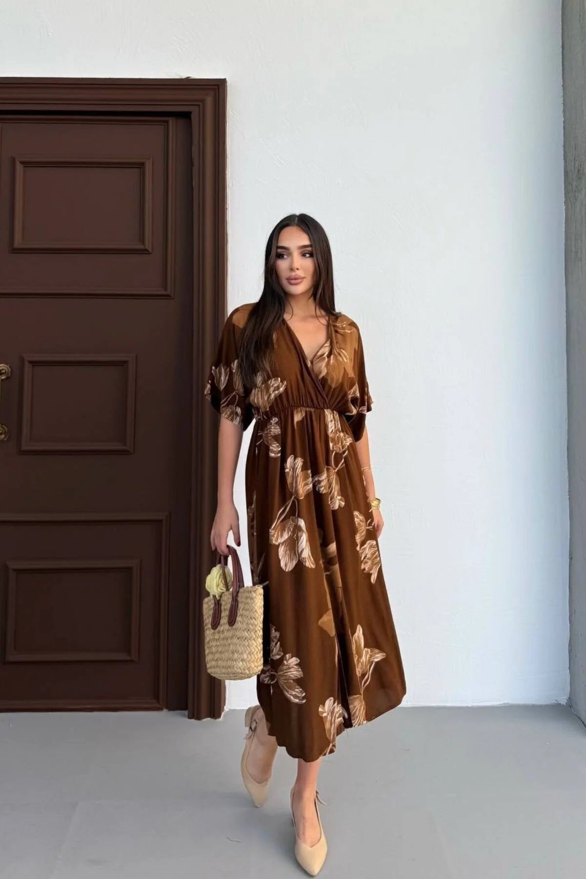 Pimu Front Slit Midi Dresses V-neck Designs For Women Party Wear - Brown | Grocsy