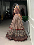 Lorenvalley Brown Tussar Silk Bandhej And Ajarakh Print Lehenga Choli with Dupatta | Grocsy