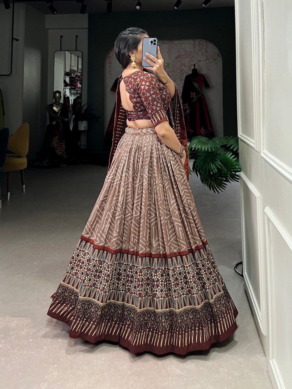 Lorenvalley Brown Tussar Silk Bandhej And Ajarakh Print Lehenga Choli with Dupatta | Grocsy