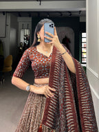 Lorenvalley Brown Tussar Silk Bandhej And Ajarakh Print Lehenga Choli with Dupatta | Grocsy
