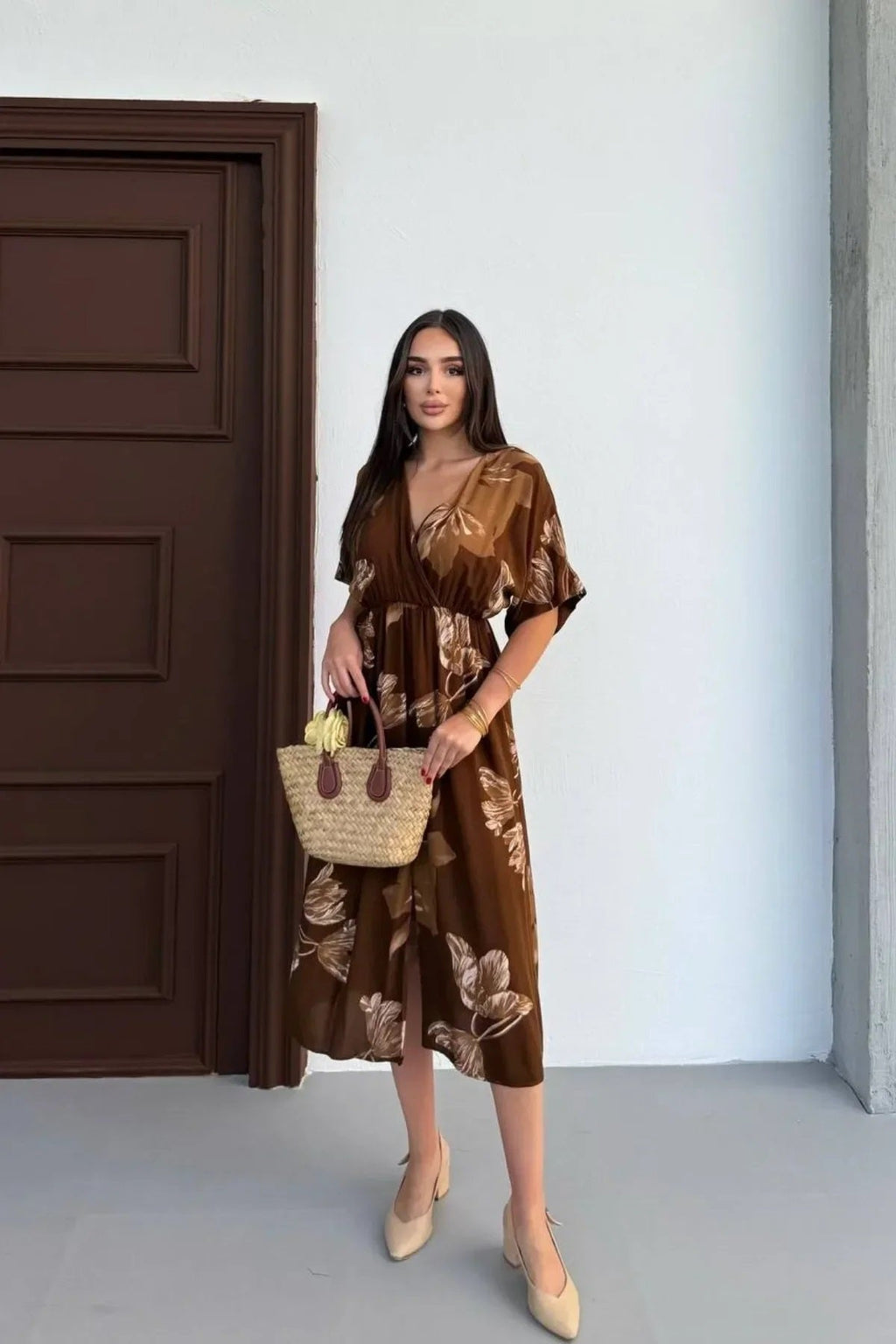 Pimu Front Slit Midi Dresses V-neck Designs For Women Party Wear - Brown | Grocsy
