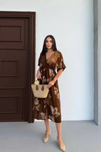 Pimu Front Slit Midi Dresses V-neck Designs For Women Party Wear - Brown | Grocsy