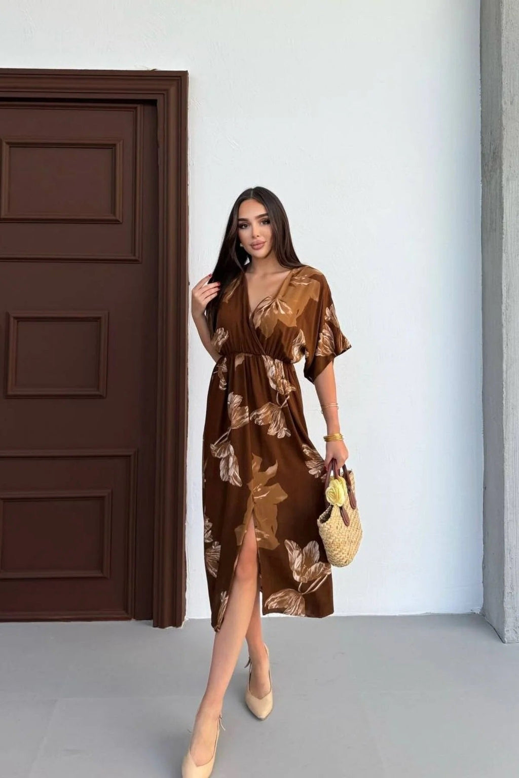Pimu Front Slit Midi Dresses V-neck Designs For Women Party Wear - Brown | Grocsy