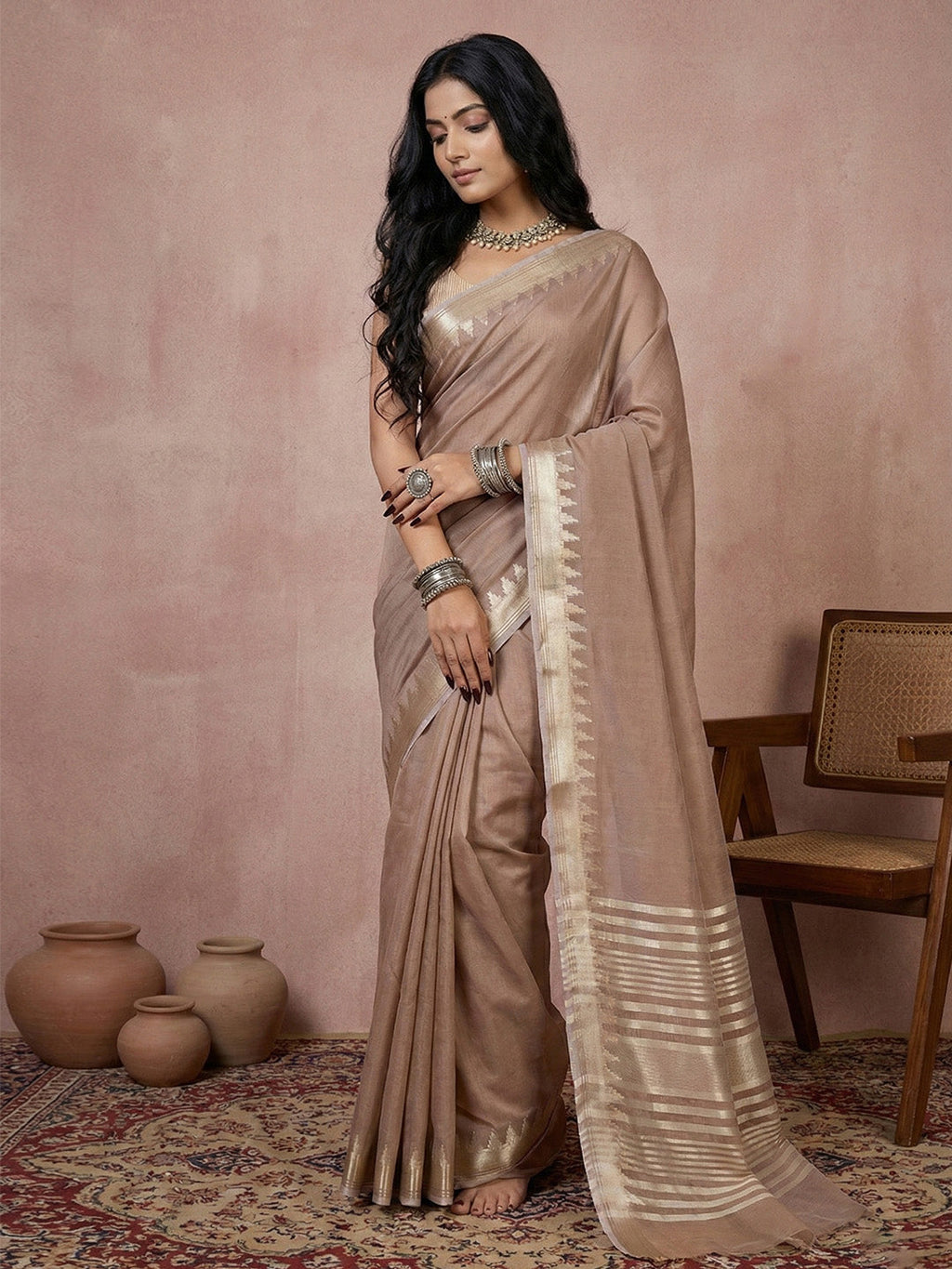 Anaita Brown Cotton Saree With Blouse | Grocsy