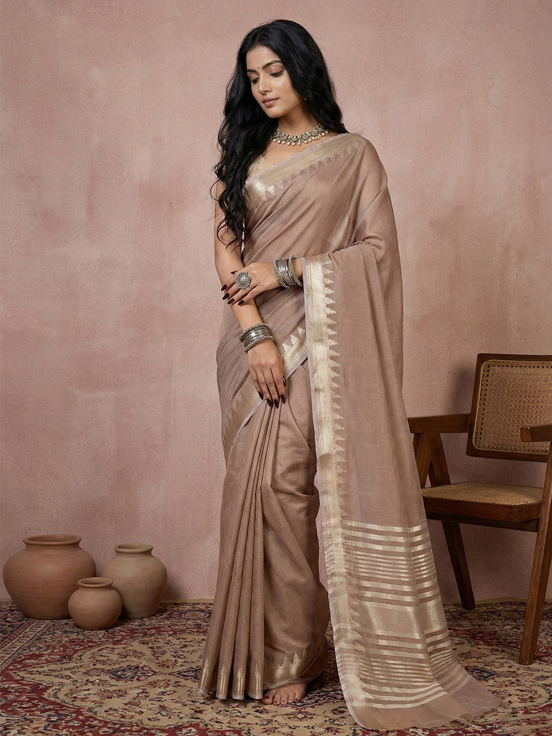 Anaita Brown Cotton Saree With Blouse | Grocsy