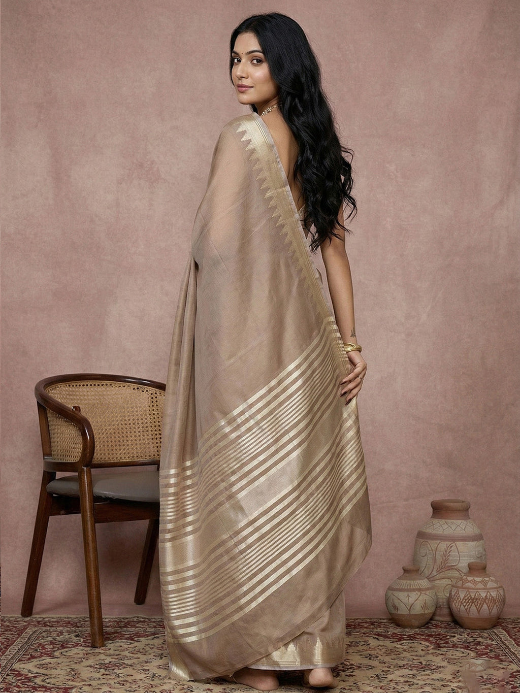 Anaita Brown Cotton Saree With Blouse | Grocsy