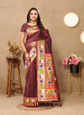 Lorenvalley Fashion Brown Soft Paithani Silk Woven Design Rich Zari Meenakari Weaving Saree | Grocsy