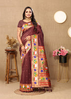 Lorenvalley Fashion Brown Soft Paithani Silk Woven Design Rich Zari Meenakari Weaving Saree | Grocsy