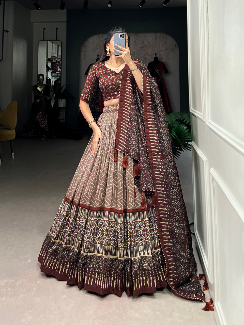 Lorenvalley Brown Tussar Silk Bandhej And Ajarakh Print Lehenga Choli with Dupatta | Grocsy