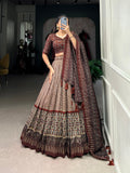 Lorenvalley Brown Tussar Silk Bandhej And Ajarakh Print Lehenga Choli with Dupatta | Grocsy