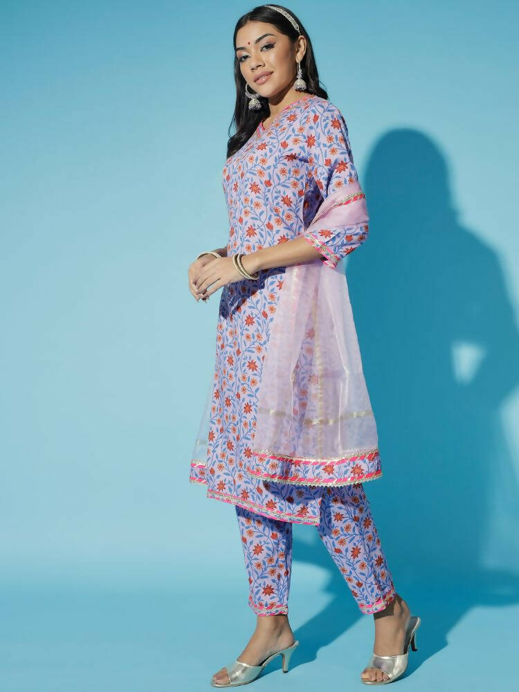 Myshka Women Lavender Printed Kurta & Trousers With Dupatta | Grocsy