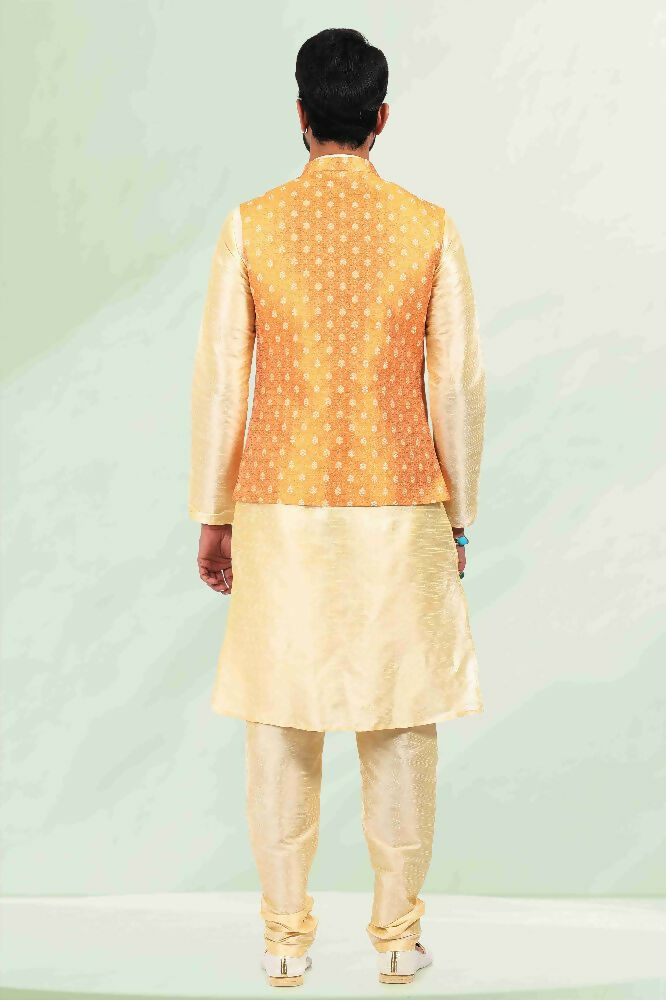 Raivat Ethnic Jacquard Banarasi Silk Woven Work 3 Pics Jacket Set In Mustard Colour | Grocsy