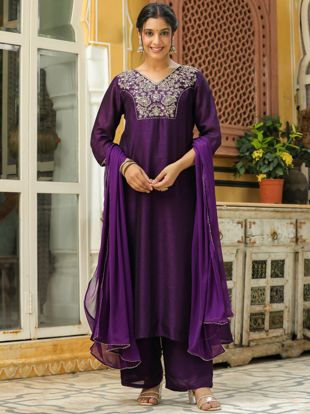 Janasya Purple Silk Blend Yoke Embroidery Kurta,Bottom & Dupatta | Grocsy