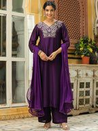 Janasya Purple Silk Blend Yoke Embroidery Kurta,Bottom & Dupatta | Grocsy