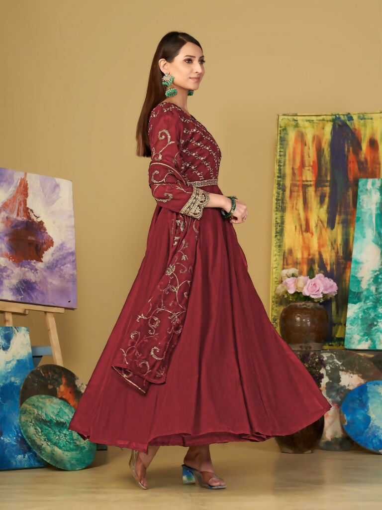 Jyoti Fashion Women's Maroon Georgette Embroidered Anarkali Kurta Pant Set With Dupatta | Grocsy