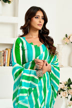 Vastranavya Green Digital Printed Linen Ready To Wear Designer Saree with Unstitched Blouse | Grocsy