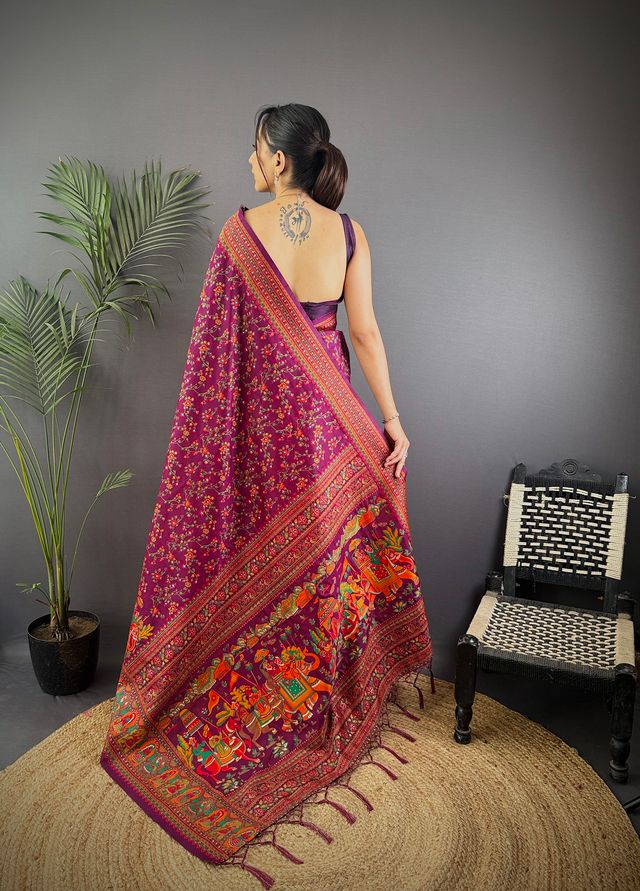 Elora Wine Pashmina Silk Meenakari Weaving Madhubani Design Kashmiri Saree | Grocsy