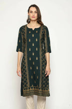 Maai Rayon Hand Printed Kurta Green | Grocsy