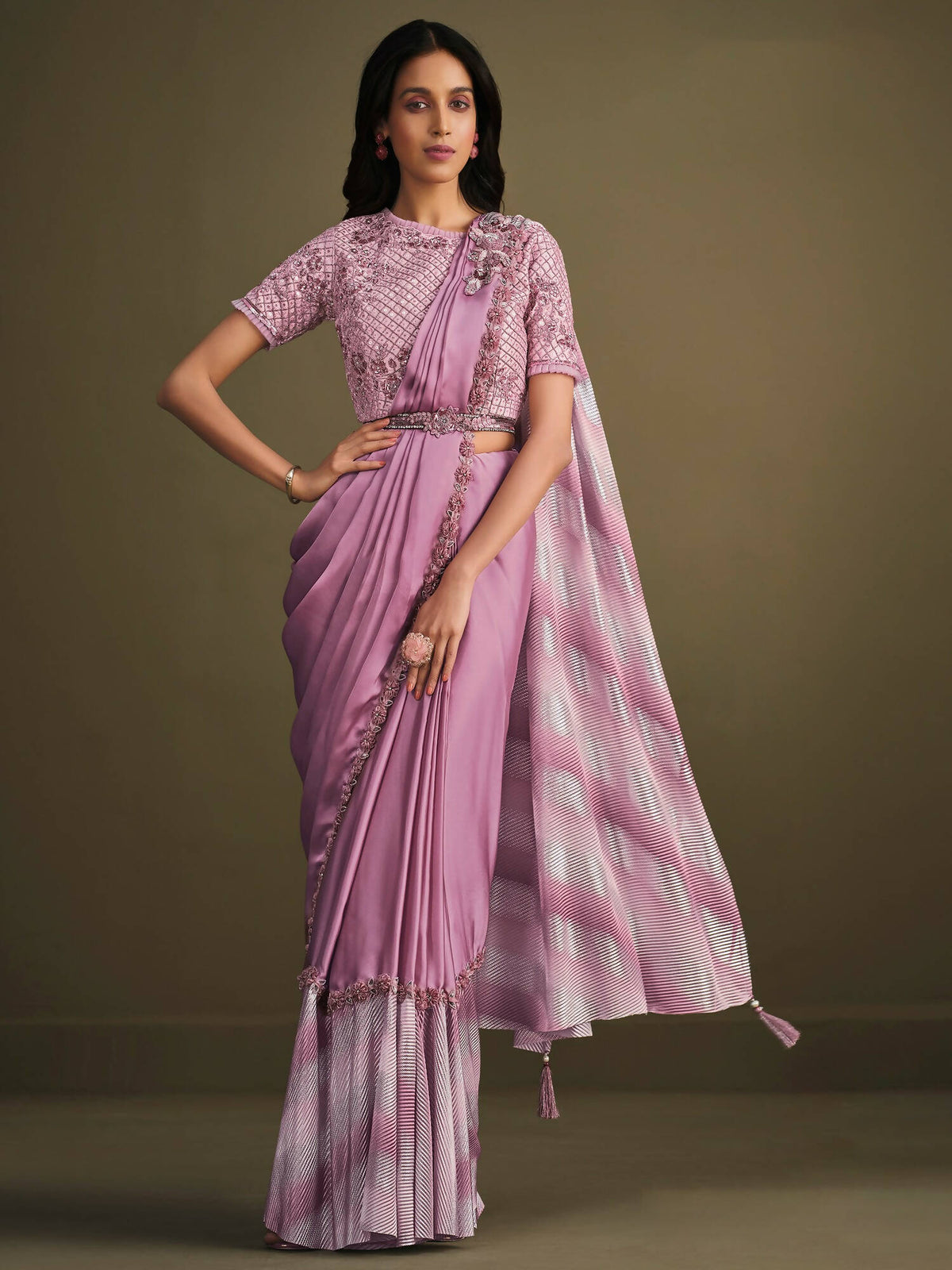 Light Purple Satin Silk Sequence Embroidered Saree With Stitched Blouse - Mohmanthan La Belle | Grocsy