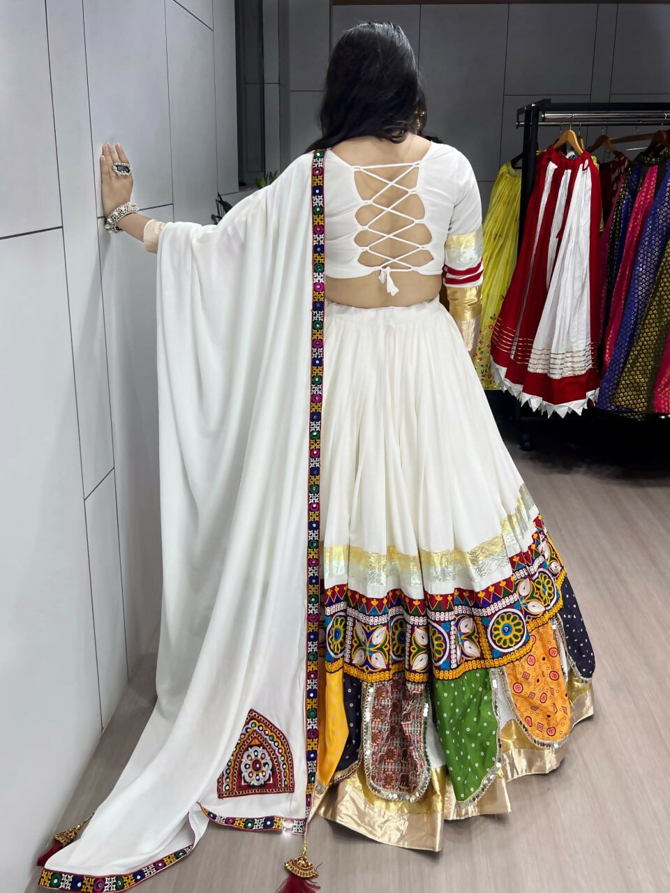Yash Enterprise Off White Rayon Cotton Embroidery Semi Stitched Navratri Top Chaniya Choli | Grocsy
