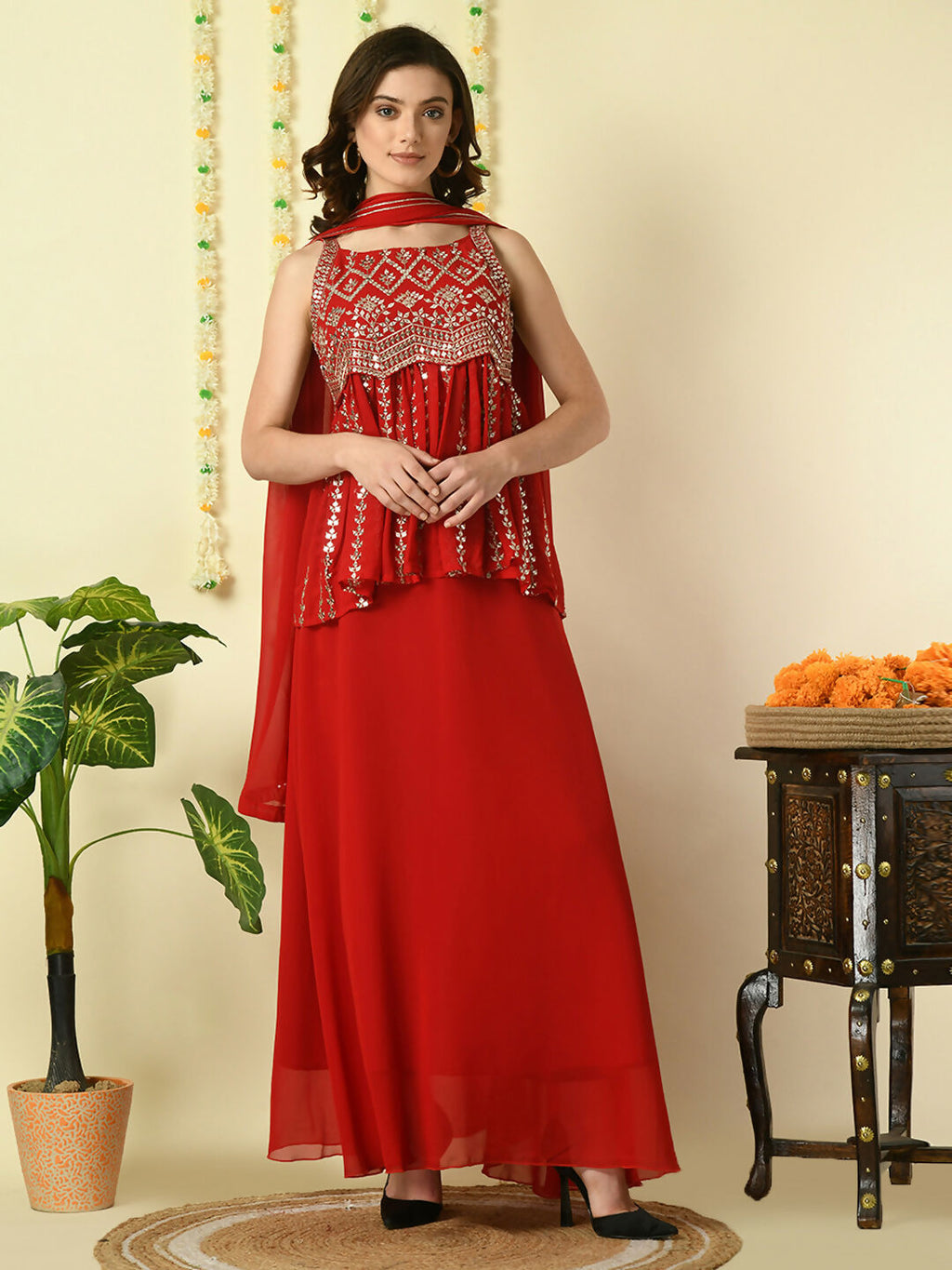 Myshka Women's Red Georgette Top & Skirt With Dupatta Party Sets | Grocsy