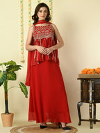 Myshka Women's Red Georgette Top & Skirt With Dupatta Party Sets | Grocsy