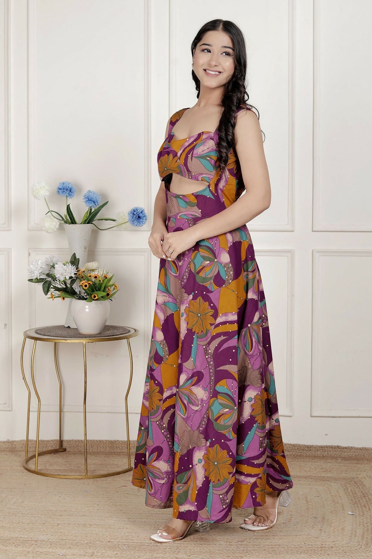 Miravan Womens Purple Pure Cotton Floral Printed Sleeveless Cut Out Western Dress | Grocsy