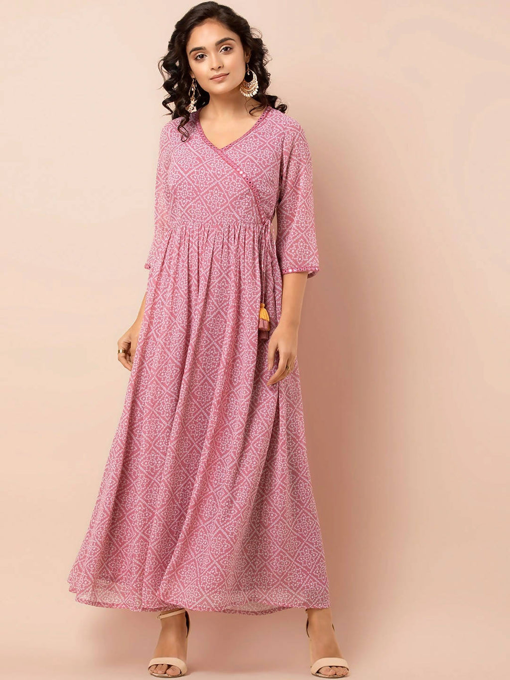 Indya Pink & White Printed Ethnic Maxi Dress | Grocsy