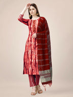 Jyoti Fashion Women's Orange Rayon Print with Embroidery & Fancy Lace Work Kurta with Trouser & Dupatta | Grocsy
