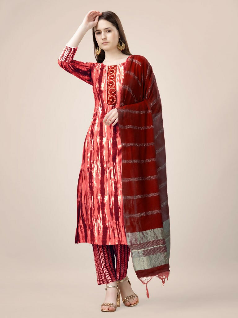 Jyoti Fashion Women's Orange Rayon Print with Embroidery & Fancy Lace Work Kurta with Trouser & Dupatta | Grocsy