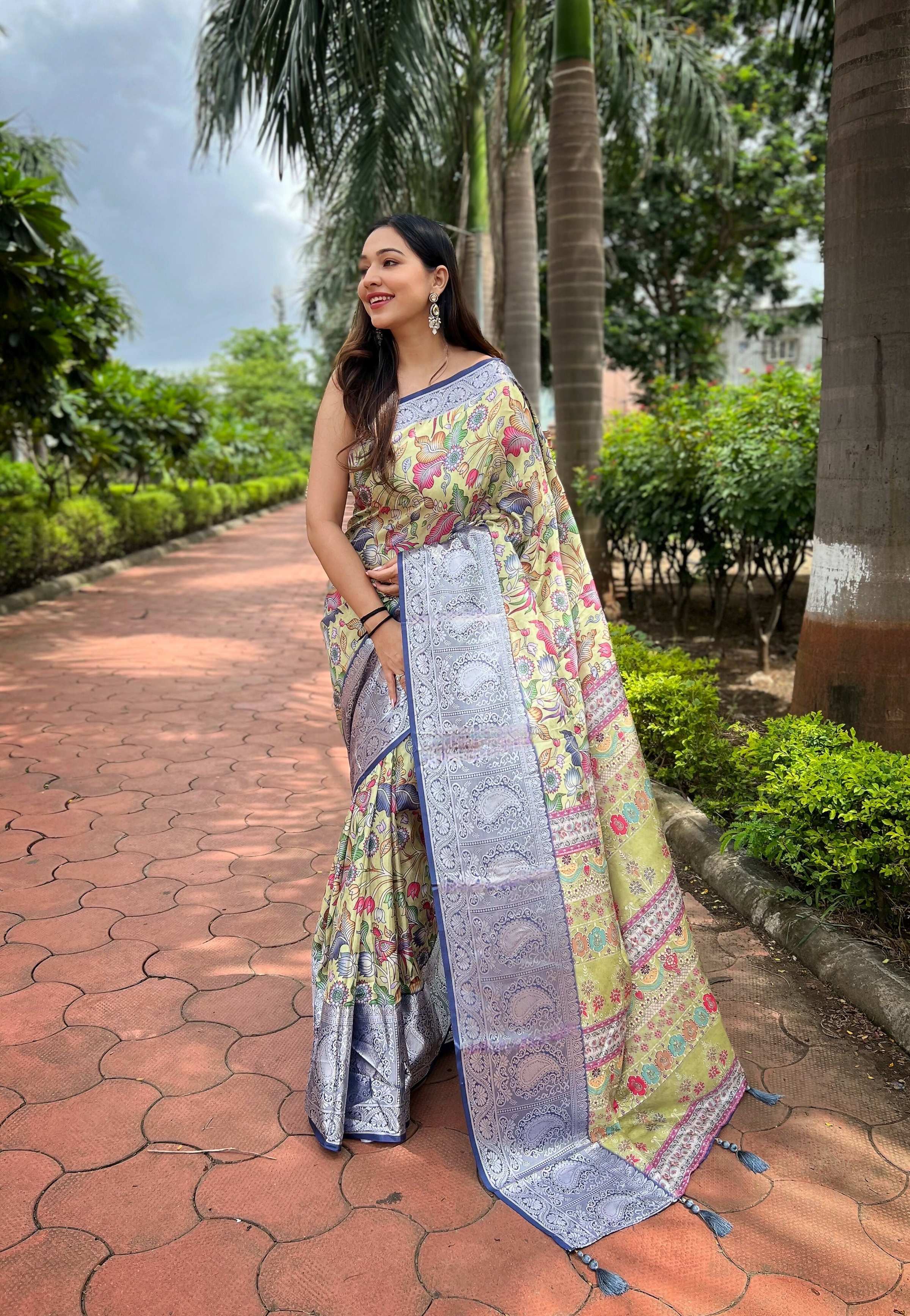 Vamsee Bhavi Navy Blue Tussar Dola Satin Silk Saree | Grocsy