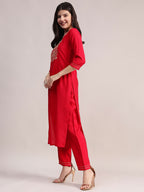 Aavyora Women's Red Embroidered Roman Silk Kurta, Palazzo & Organza Dupatta Set | Grocsy